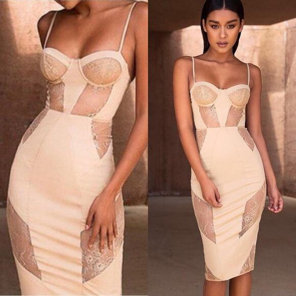 HOUSE OF CB Dresses & Skirts - House of CB London Lace Dahlia Nude Corset Midi Slip Dress S NWT
